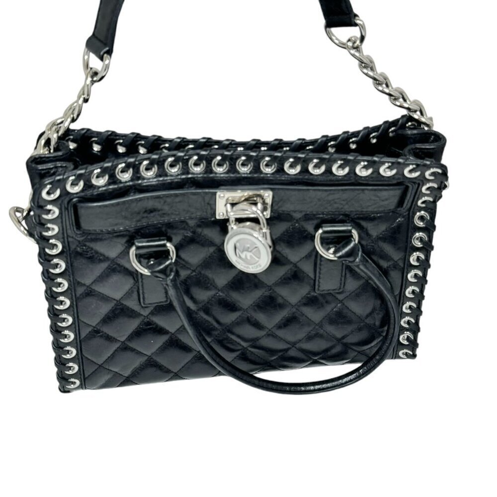 Michael Kors Hamilton‎ Hippie Grommet Quilted Tote Black & Silver 12.5 x 9 - Picture 4 of 12